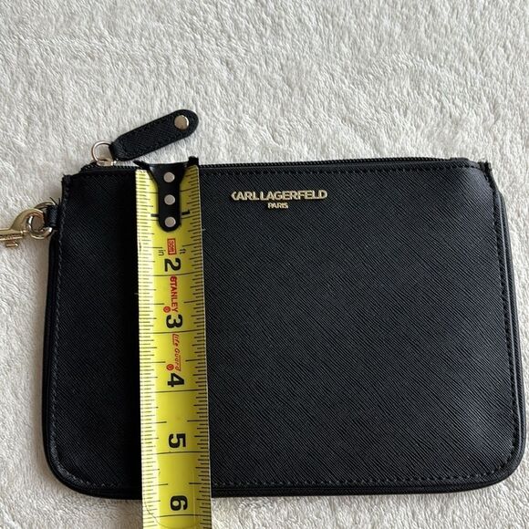 Karl Lagerfeld Paris Textured Black Faux Leather Wristlet Gold Tone‎ Logo - Picture 7 of 8